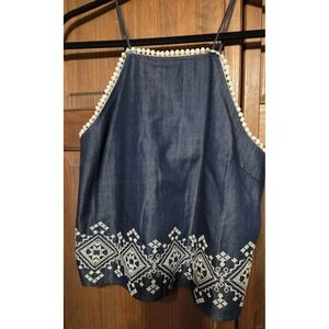 JOA Los Angeles Embroidered Halter Blouse Trim Lace Split Back Crop Top SZ Med